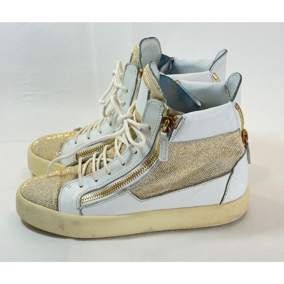 Giusseppi Zanotti Hightop Sneakers Womens 40 10 White Leather Gold Studded Boot - Picture 6 of 16